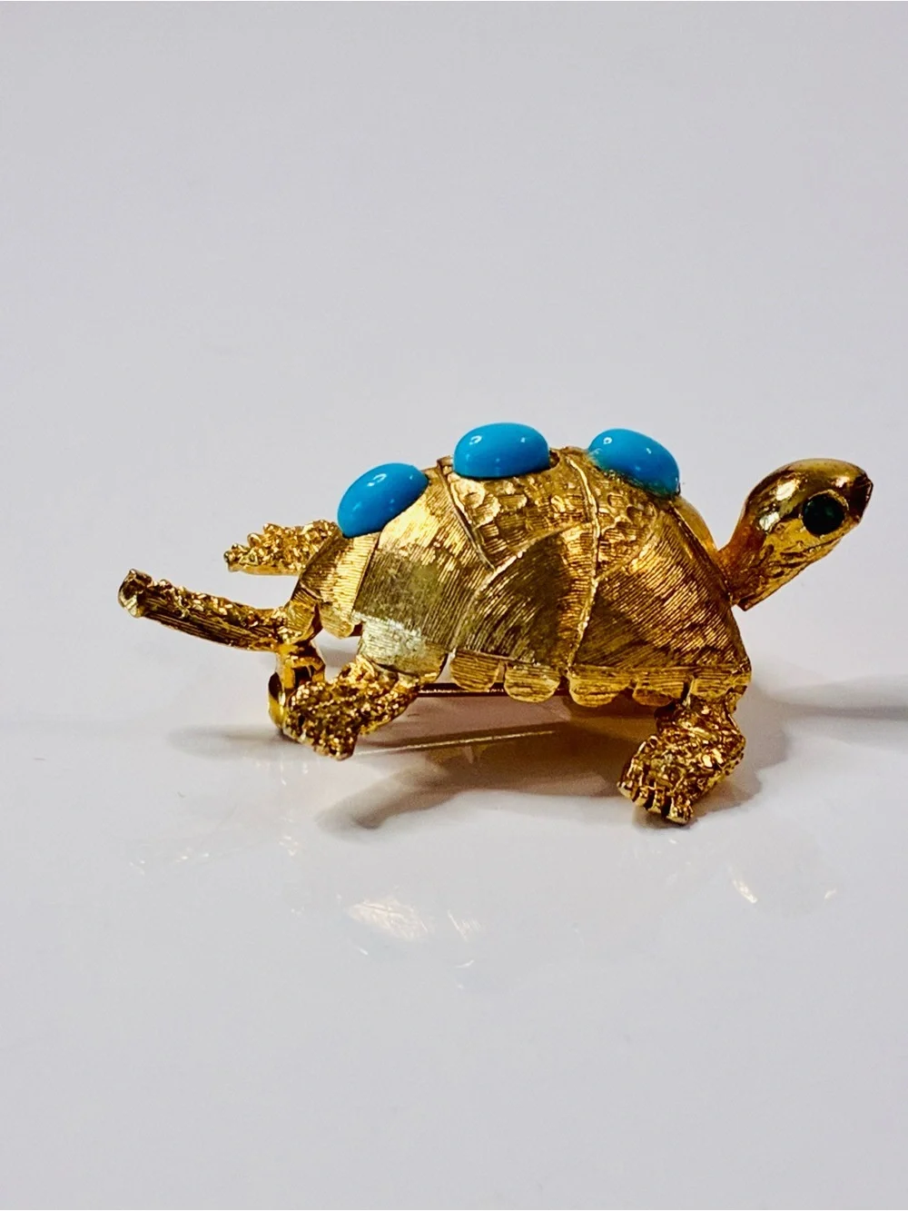 VTG PELL Gold-Tone Turtle Brooch with Turquoise Cabochons and Emerald Eyes EUC